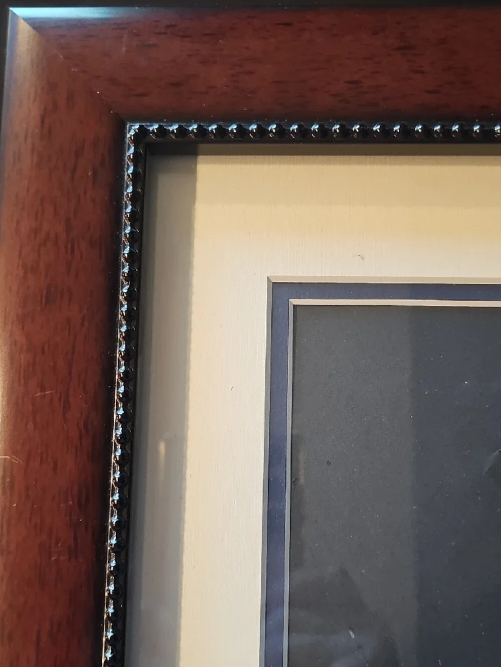 Source Unknown Brown Wood Frame with Cream Mat and Black Beaded Trim